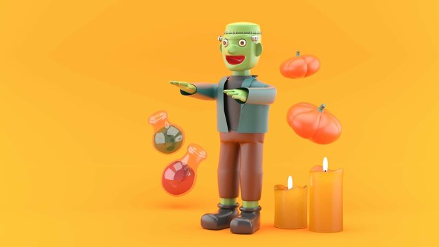 artificial man surrounded by test tubes, pumpkins and candles on an orange background.Characters for Halloween.-3d rendering.