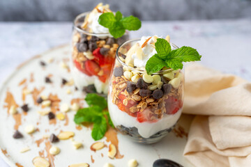 Yogurt Parfait breakfast or dessert, wine glass dessert with fruit 