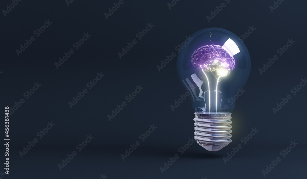 Poster artificial intelligence concept, lightbulb with human brain, e-learning, 3d rendering
