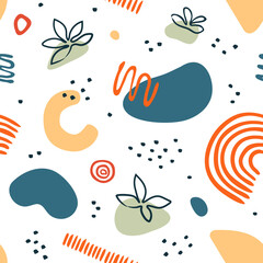 Seamless pattern with abstract organic shapes, stains, lines. Colorful vector elements in doodle style for background, wallpaper, textile, cover, banner, card. Modern graphic for holiday. Trendy
