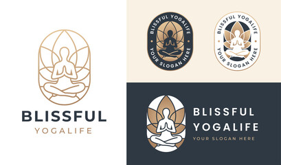 yoga pose silhouette logo blooming lotus flower background