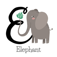 Capital letter E for elephant with leaf, childish alphabet with animals names