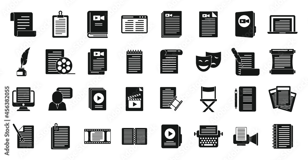 Poster scenario icons set simple vector. event fabrications