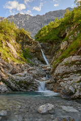 Waterfall below the Spritzkarspitze in Enger Grund (Großer Ahornboden) in the Karwendel mountains, Eng, Tirol, Austria, Europe