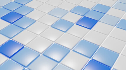 A background of identical cubes with rounded edges in different shades of blue and white. Angle view.