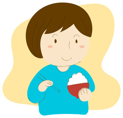 お茶碗を持って白米を食べる女性のベクターイラスト