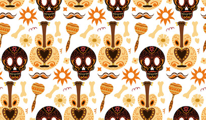 Day of the dead seamless pattern. Dia de los Muertos hand drawing repeating texture. Mexican holiday Halloween with sugar skulls background wallpaper or paper. Vector illustration