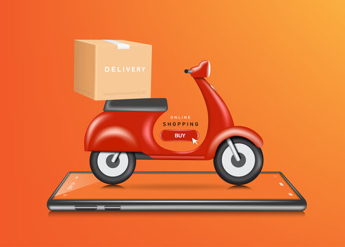 The parcel box was placed on a red motorcycle or scooter and all object on the smartphone for delivery and online shopping concept design,vector 3d on orange background for advertising design