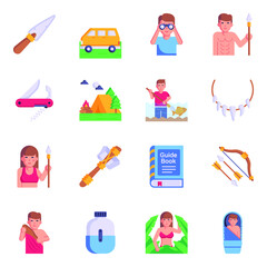 Flat Icons of Survival and Primitive Items 


