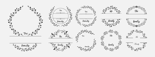 Set of family monogram frame with floral decoration vector illustration, emblem badge monogram with blank space for family, greeting and
wedding