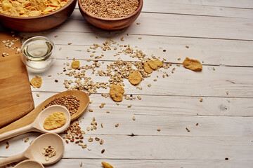 wooden tableware muesli morning snack wood background