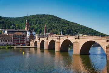 The historic city of Heidelberg with the Old Bridge, river Neckar and the Bridge Gate. Germany.