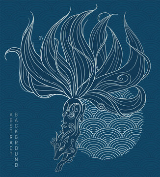 vector abstract illustration of japanese fantasy creature nine tailed fox kitsune in blue and silver colours
