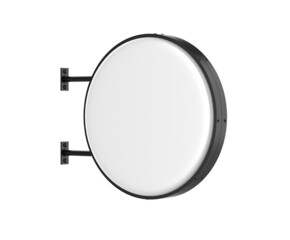 Double sided Back lit signage circular board, led glow advertising board, vinyl company sign on brick wall. 3d render illustration.