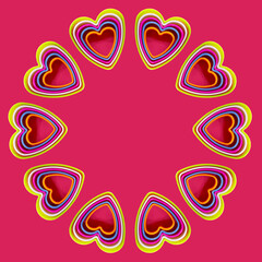 Round frame of colorful heart shaped cookie cutters on pink background, flat lay.
