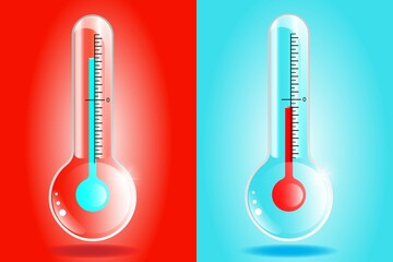 Thermometers red and blue, cold and hot. Weather icons