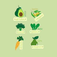 Natural food in a flat style. Fruits and vegetables in simple geometric shapes. Resotrans, fast food points. Food. Eco-vegetables and fruits. Great for flyers, icons, web posters, natural organic prod