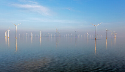 Aerial from windmills in the IJsselmeer at the Afsluitdijk in the Netherlands