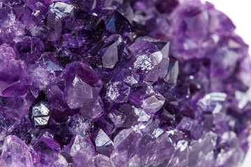 Amethyst Crystal Druse  macro mineral on white background