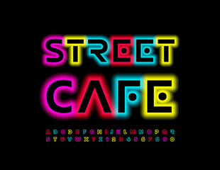 Vector modern logo Street Cafe. Trendy neon Font. Techno style Alphabet Letters and Numbers