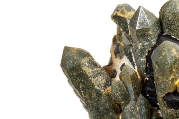 Macro mineral stone Quartz Hedenbergite Prase on ilvite on a white background