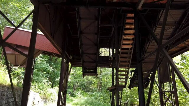 Underside looking up at the Nuttallburg coal tipple in New River Gorge National Park in West Virginia Appalachia.