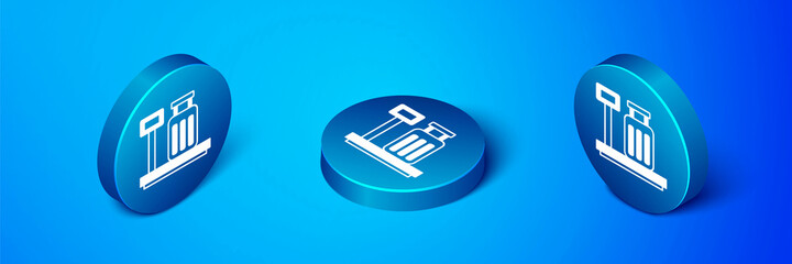 Isometric Scale with suitcase icon isolated on blue background. Logistic and delivery. Weight of delivery package on a scale. Blue circle button. Vector