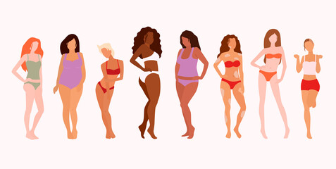 Group of beautiful women. Body positivity. Feminism, diversity, race equality vector illustration