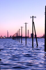 日本の海岸　海の中に在る電柱群と工場群のシルエット　ピンクとブルーのコントラスト