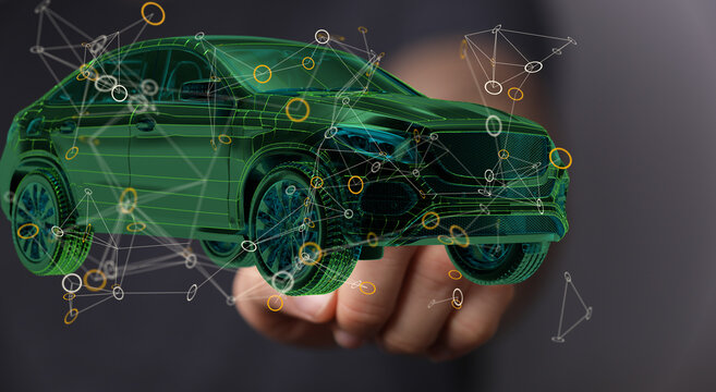 Hologram auto, futuristic polygonal model auto. - Powered by Adobe