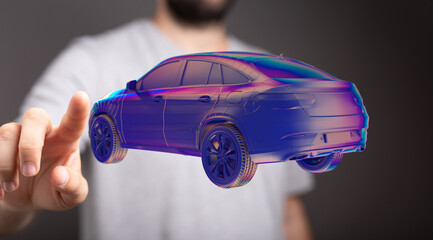 Hologram auto, futuristic polygonal model auto.