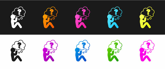 Set Human head with question mark icon isolated on black and white background. Vector