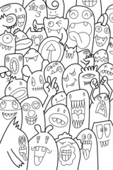 funny monsters. Cool hand drawn characters. Cartoon hand drawn doodles, children's  background. Set of black and white unusual creatures