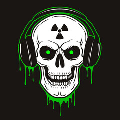 Vector grunge human skull with headphones and radiation sign