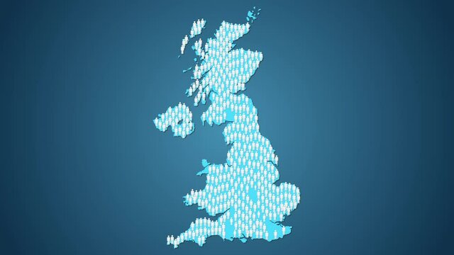 Graphic animation - People symbols in shape of map of United Kingdom , overpopulation concept