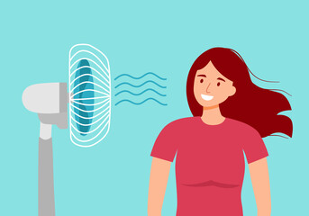 Young woman with electric fan blowing in flat design. Female exhausted of hot summer day. Tired girl need wind blow.