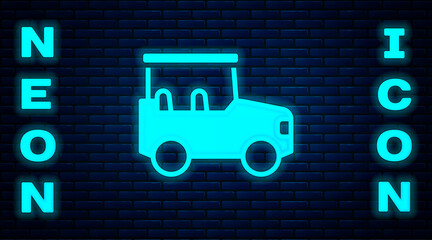 Glowing neon Safari car icon isolated on brick wall background. Vector