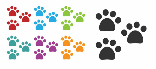 Fototapeta na wymiar Black Paw print icon isolated on white background. Dog or cat paw print. Animal track. Set icons colorful. Vector