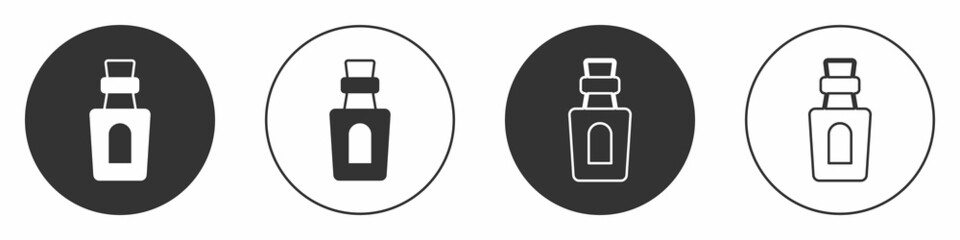 Black Bottle with potion icon isolated on white background. Flask with magic potion. Happy Halloween party. Circle button. Vector