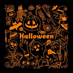 Halloween doodles outline objects and characters on dark background.