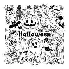 Halloween doodles outline objects and characters on white background
