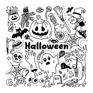 Halloween doodles outline objects and characters on white background