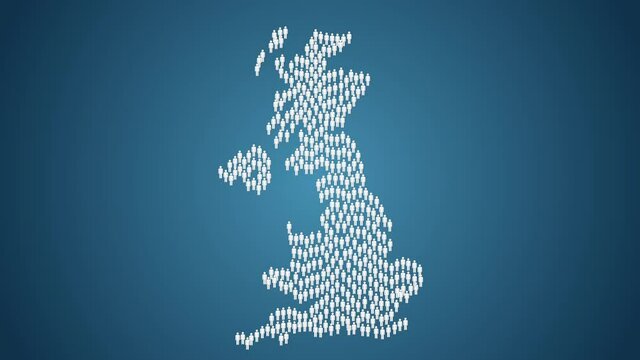 Graphic animation - People symbols in shape of map of United Kingdom , overpopulation concept