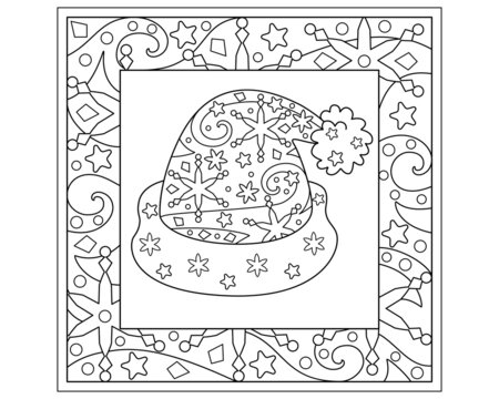Winter Christmas coloring antistress - vector linear illustration with Santa Claus hat. Outline. Square picture with snowflakes, stars, ice crystals. Santa hat with zentangles