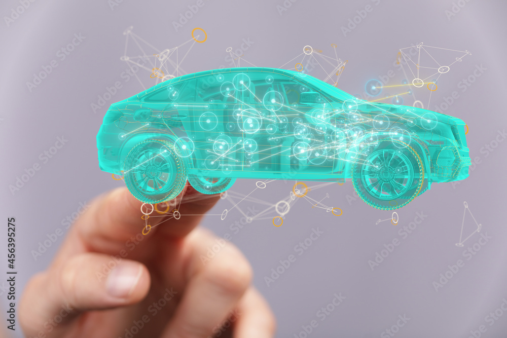 Poster autonomous car with hud graphic of navigation system driving