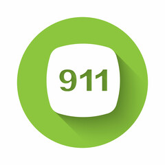 White Telephone with emergency call 911 icon isolated with long shadow background. Police, ambulance, fire department, call, phone. Green circle button. Vector