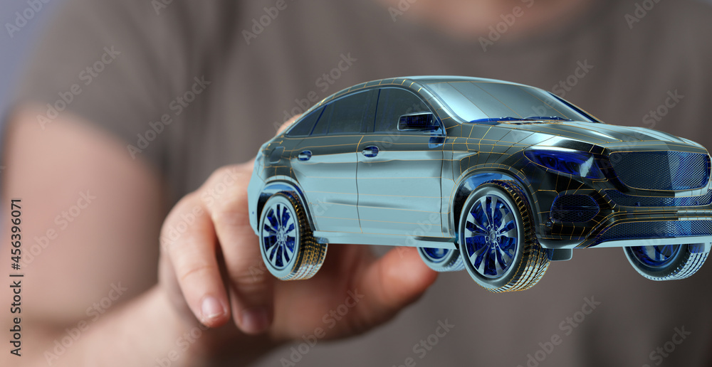 Poster autonomous car with hud graphic of navigation system driving