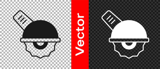 Black Electric circular saw with steel toothed disc icon isolated on transparent background. Electric hand tool for cutting wood or metal. Vector