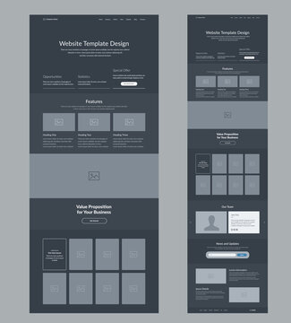 Dark website wireframe layout interface design.