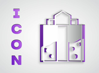 Paper cut Mine entrance icon isolated on grey background. Paper art style. Vector